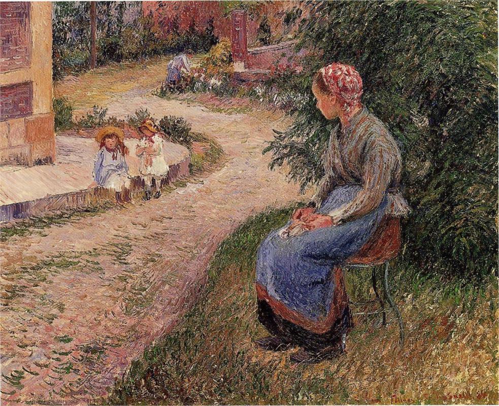 A Servant Seated in the Garden at Eragny - Camille Pissarro Paintings